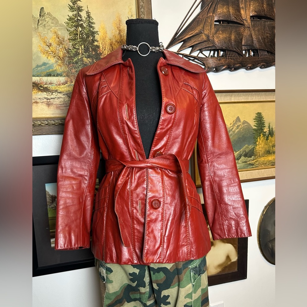 Vintage 1970s Red Leather Belted Jacket